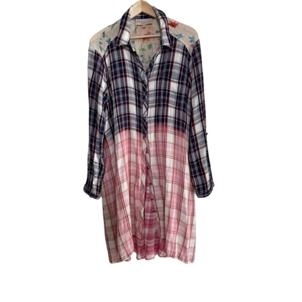 Philosophy Shirt Dress Womens L Plaid Floral Mixed Print Button Front Boho Midi - Picture 5 of 11